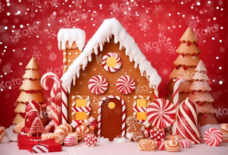 Kate Red Candy Christmas Cottage Backdrop for Photography