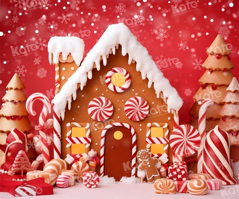 Kate Red Candy Christmas Cottage Backdrop for Photography