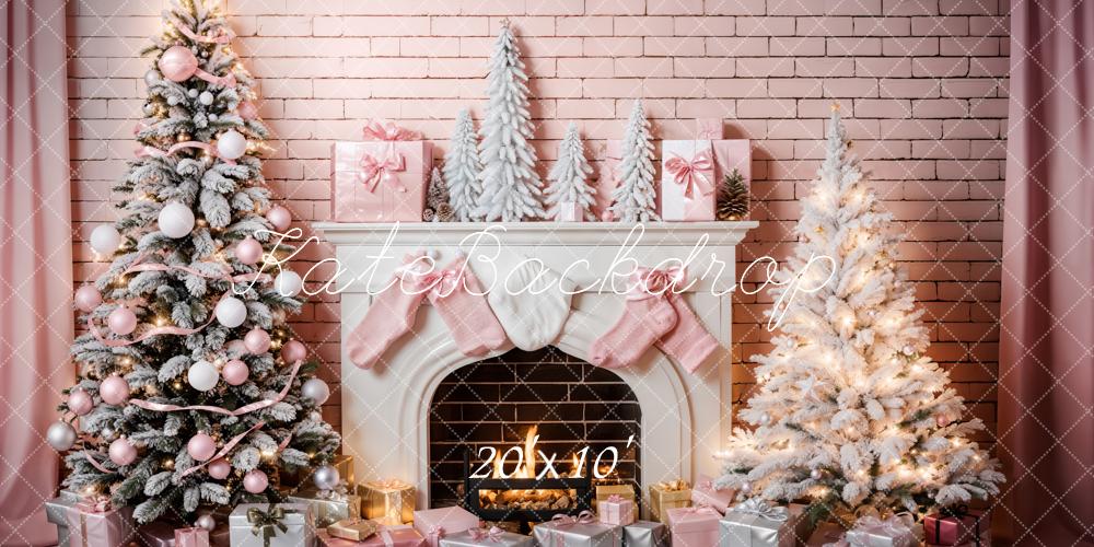 Kate Pink Wall Christmas Tree Backdrop Fireplace for Photography - Kate Backdrop AU