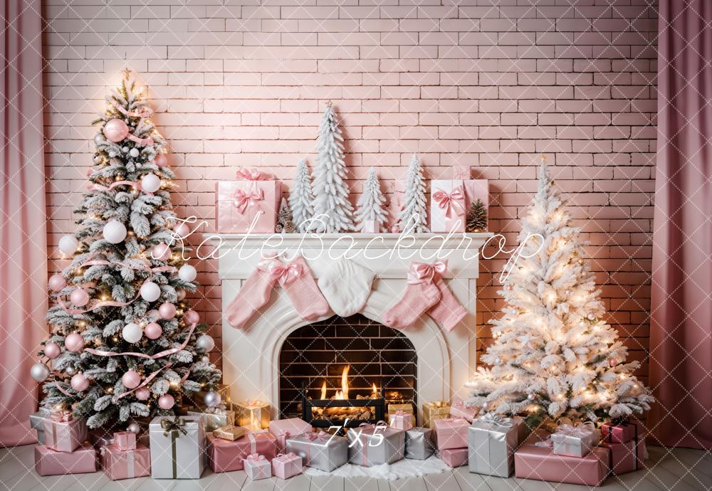 Kate Pink Wall Christmas Tree Backdrop Fireplace for Photography - Kate Backdrop AU