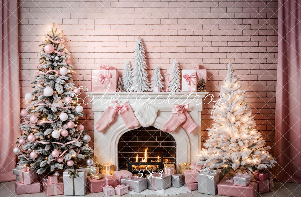 Kate Pink Wall Christmas Tree Backdrop Fireplace for Photography - Kate Backdrop AU