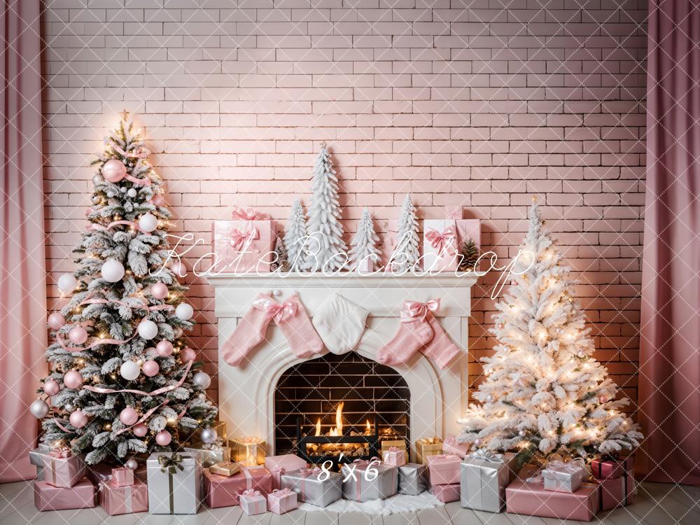 Kate Pink Wall Christmas Tree Backdrop Fireplace for Photography - Kate Backdrop AU