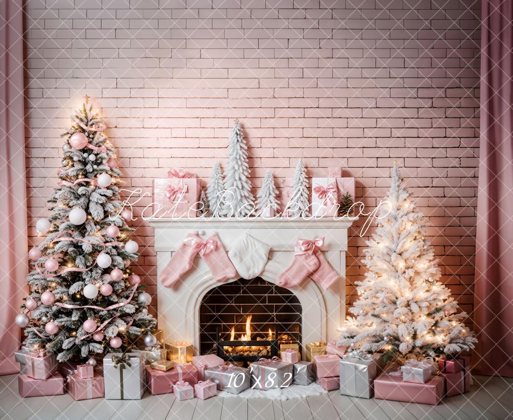 Kate Pink Wall Christmas Tree Backdrop Fireplace for Photography - Kate Backdrop AU