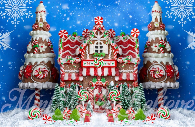 Kate Gingerbread House Backdrop Christmas Blue Snow Winter Designed by Mini MakeBelieve