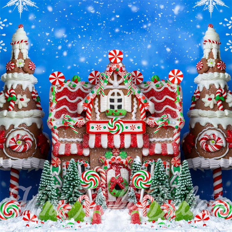 Kate Gingerbread House Backdrop Christmas Blue Snow Winter Designed by Mini MakeBelieve