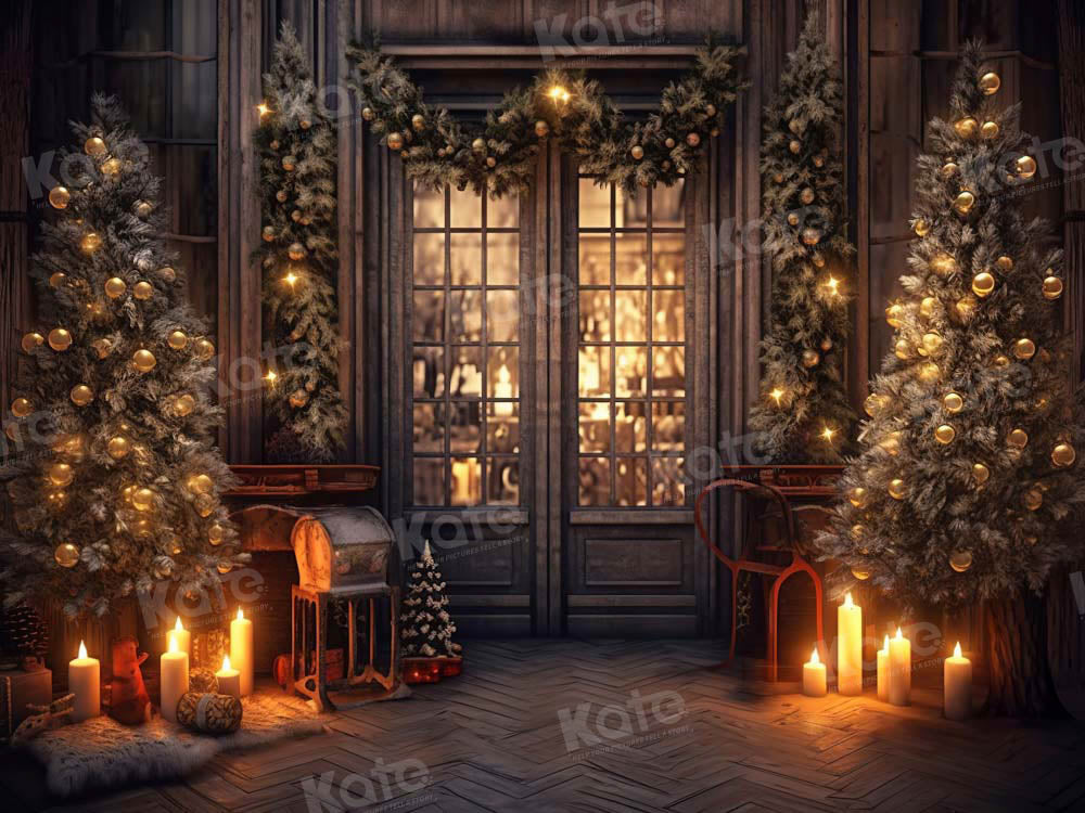 Kate Christmas Tree Store House Frontdoor Candle Backdrop Designed by Chain Photography - Kate Backdrop AU