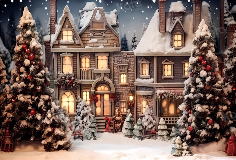 Kate Christmas Snowy Town Tree Backdrop for Photography - Kate Backdrop AU