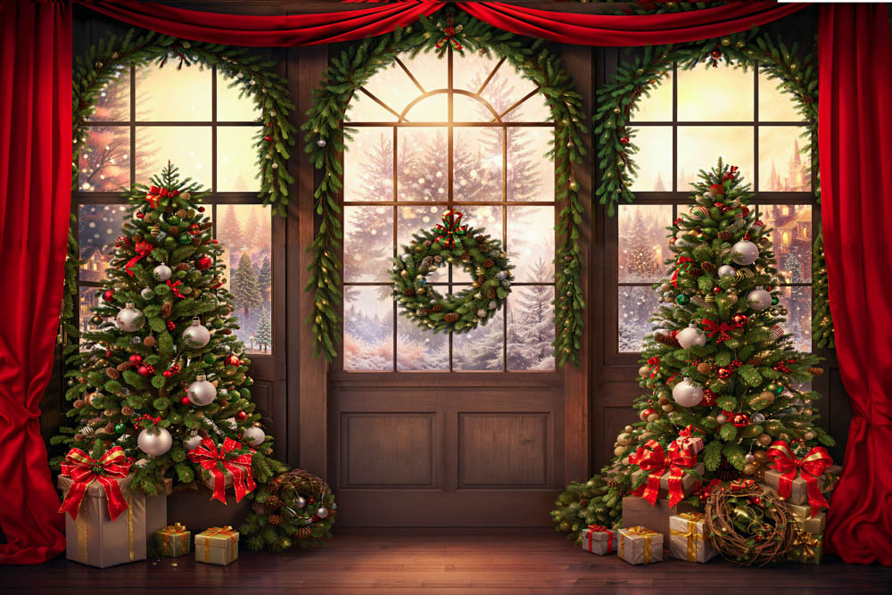 Kate Christmas Tree Window Red Curtain Backdrop Designed by Chain Photography - Kate Backdrop AU