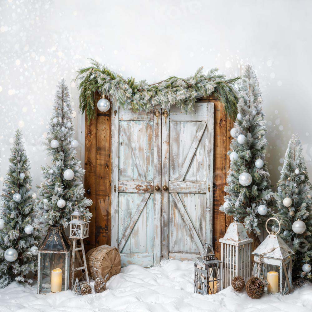 Kate Winter Christmas Snow Barn Door Backdrop Designed by Emetselch