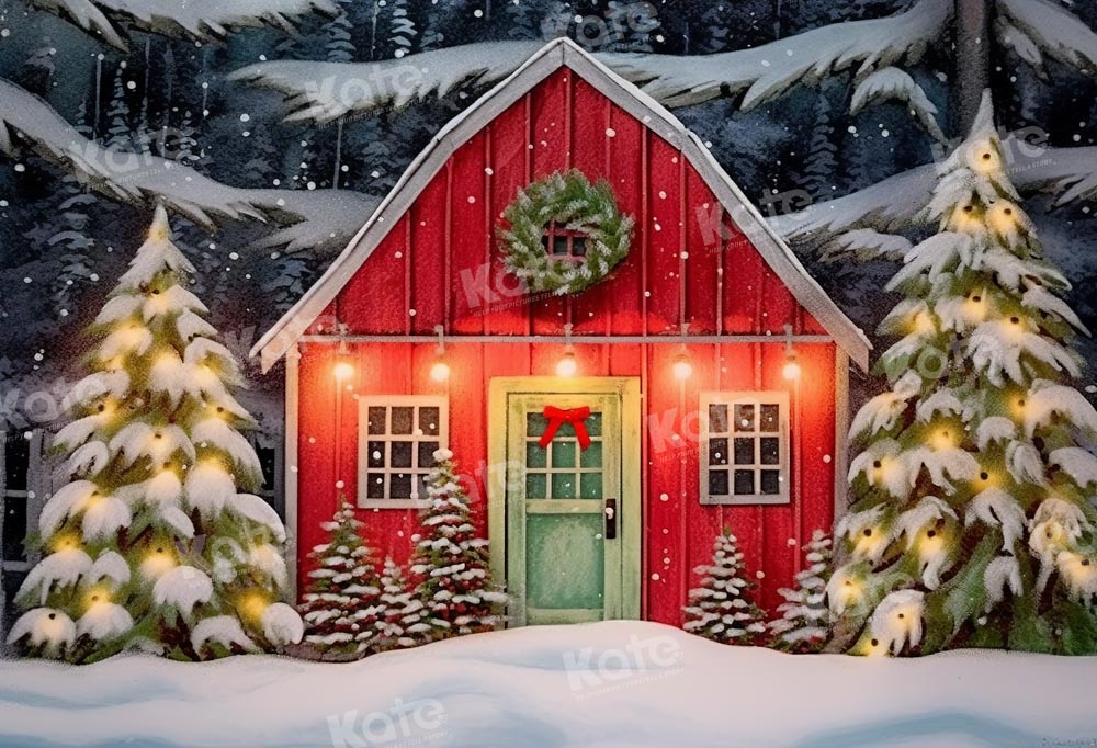 Kate Winter Christmas Tree Red Cottage Backdrop Designed by GQ