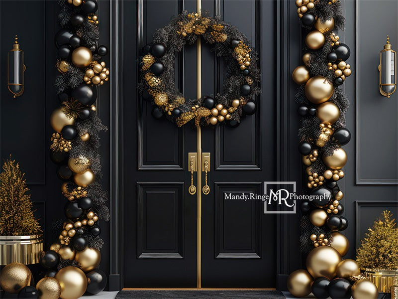 Kate Elegant Black and Gold Christmas Front Door Backdrop Designed by Mandy Ringe Photography - Kate Backdrop AU