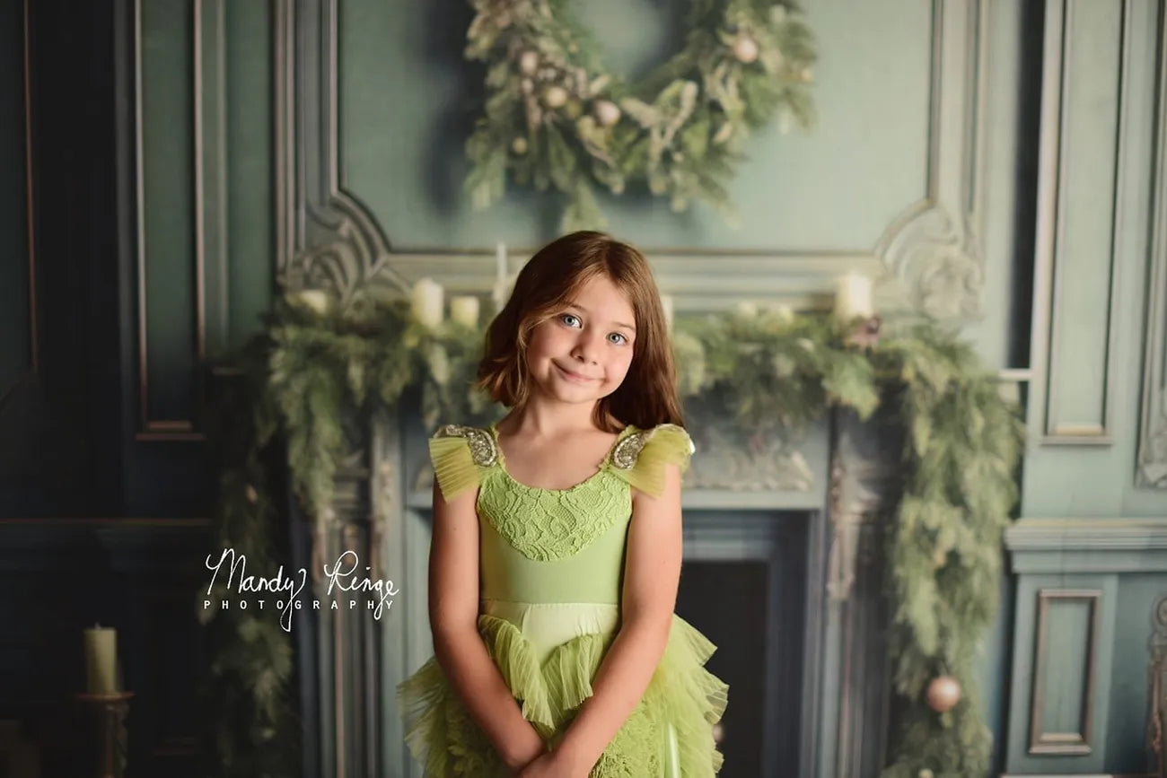 Kate Fireplace Christmas Greenery Fleece Backdrop Designed by Mandy Ringe Photography