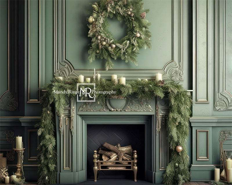 Kate Fireplace Christmas Greenery Fleece Backdrop Designed by Mandy Ringe Photography