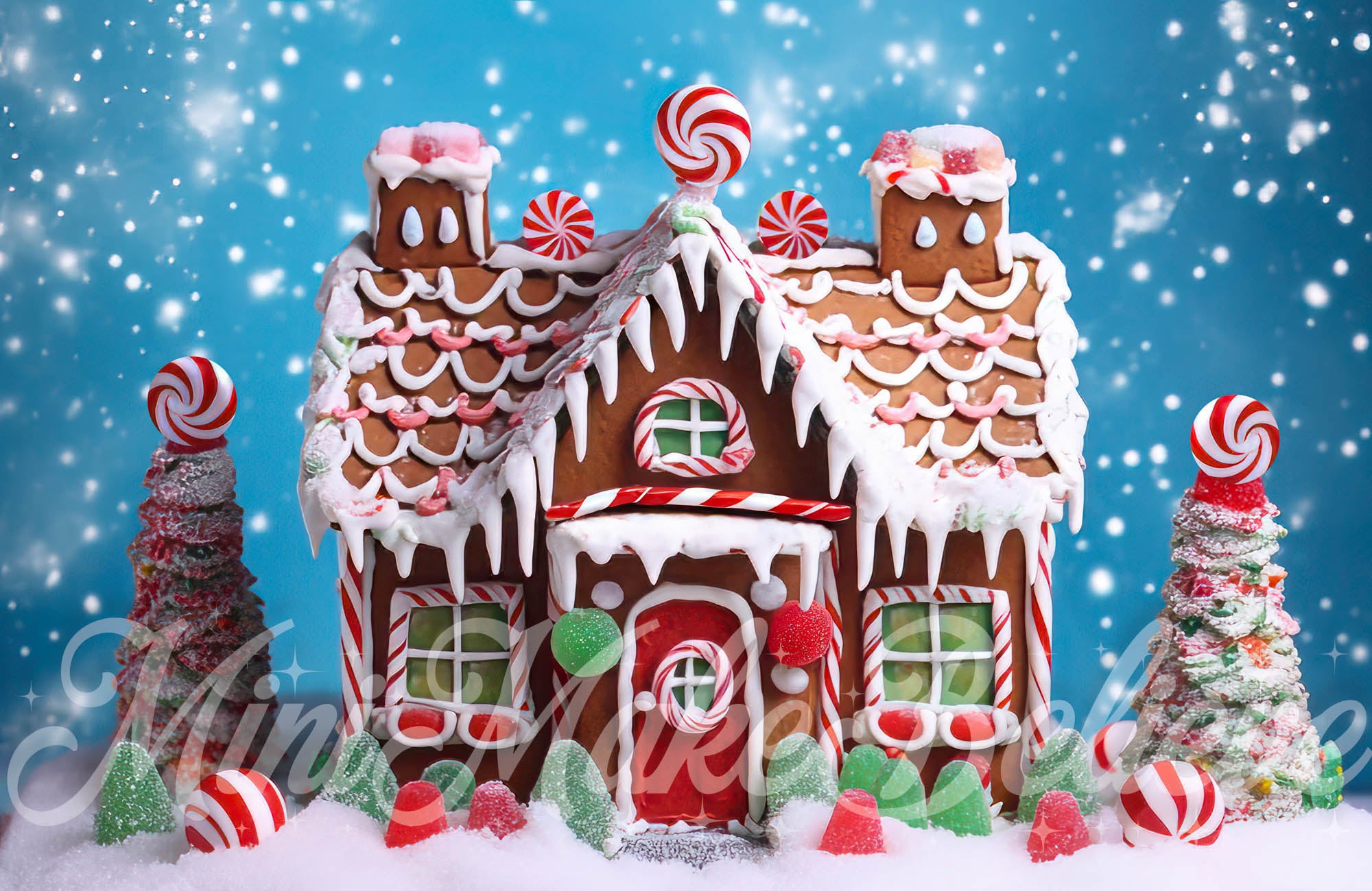 Kate Colorful Gingerbread House Backdrop Snow Winter Christmas Designed by Mini MakeBelieve