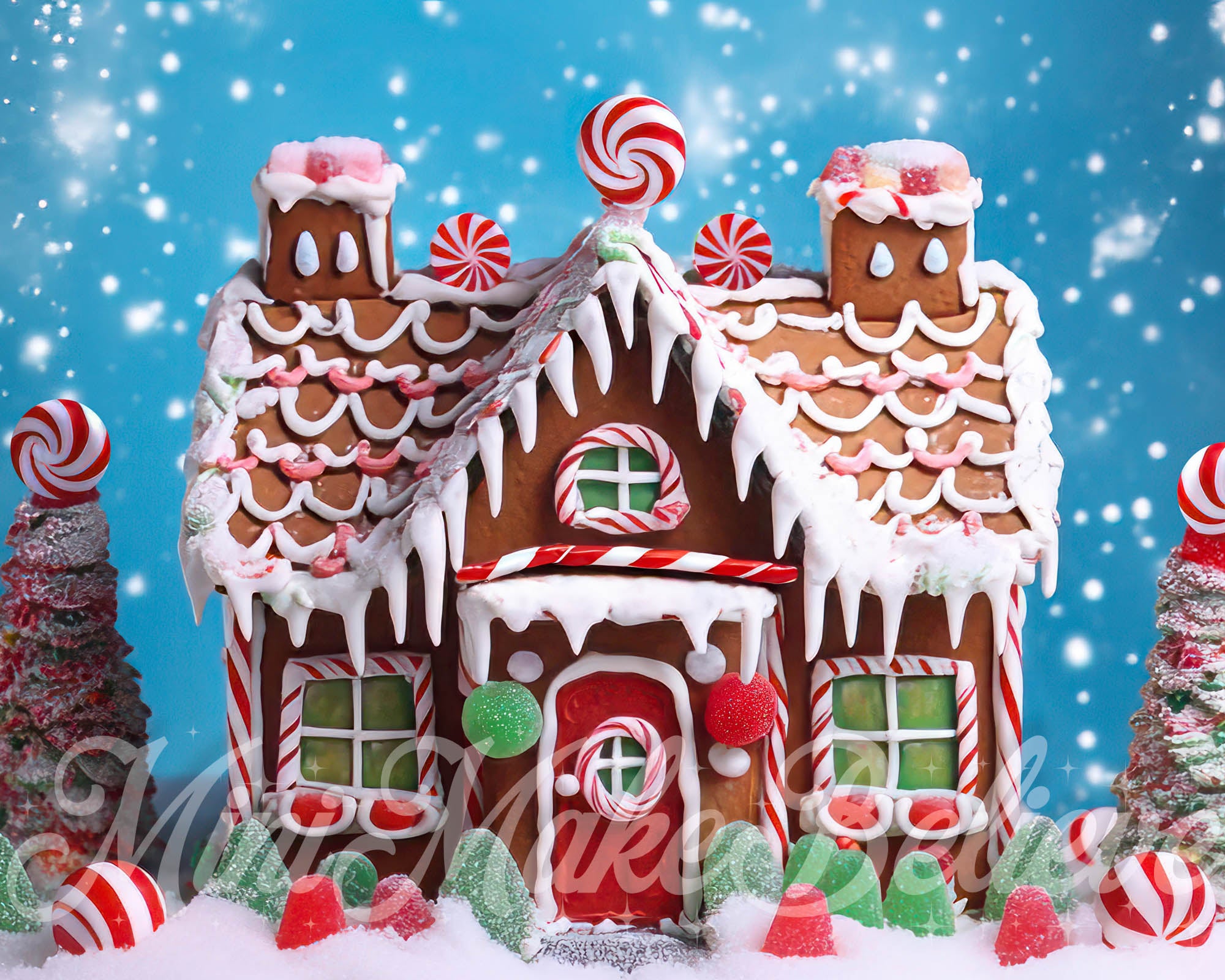 Kate Colorful Gingerbread House Backdrop Snow Winter Christmas Designed by Mini MakeBelieve