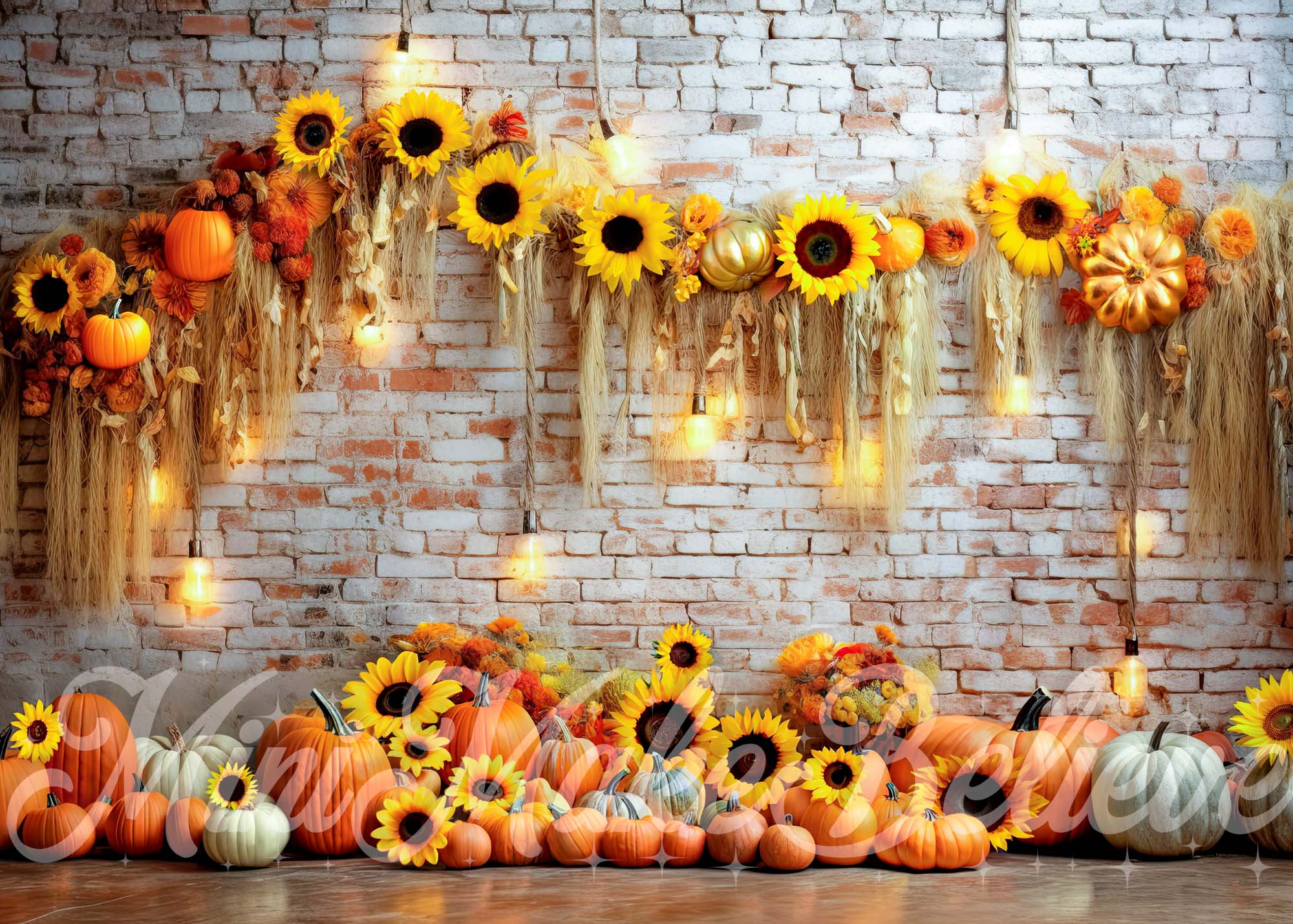 Kate Pumpkin Sunflower Brick Wall Backdrop Fall Autumn Designed by Mini MakeBelieve