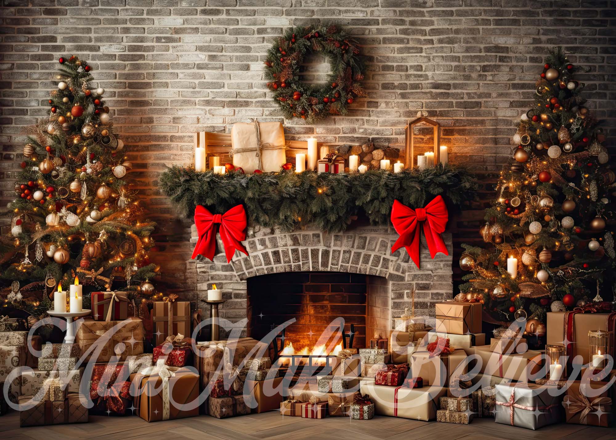 Kate Christmas Rustic Brick Fireplace and Trees Winter Fleece Backdrop Designed by Mini MakeBelieve