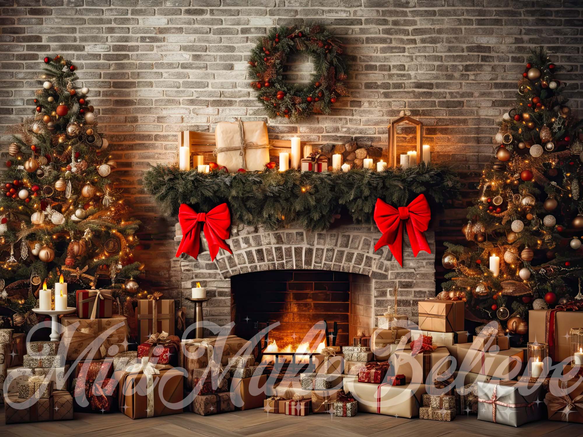 Kate Christmas Rustic Brick Fireplace and Trees Winter Fleece Backdrop Designed by Mini MakeBelieve