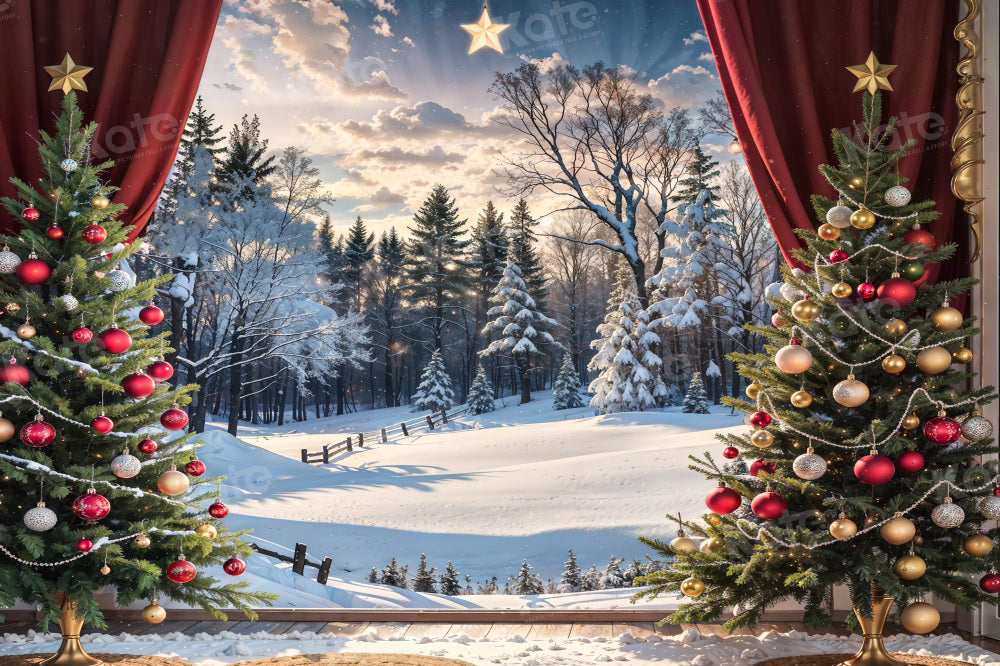 Kate Christmas Tree Snow Field Red Sunshine Sky Backdrop for Photography