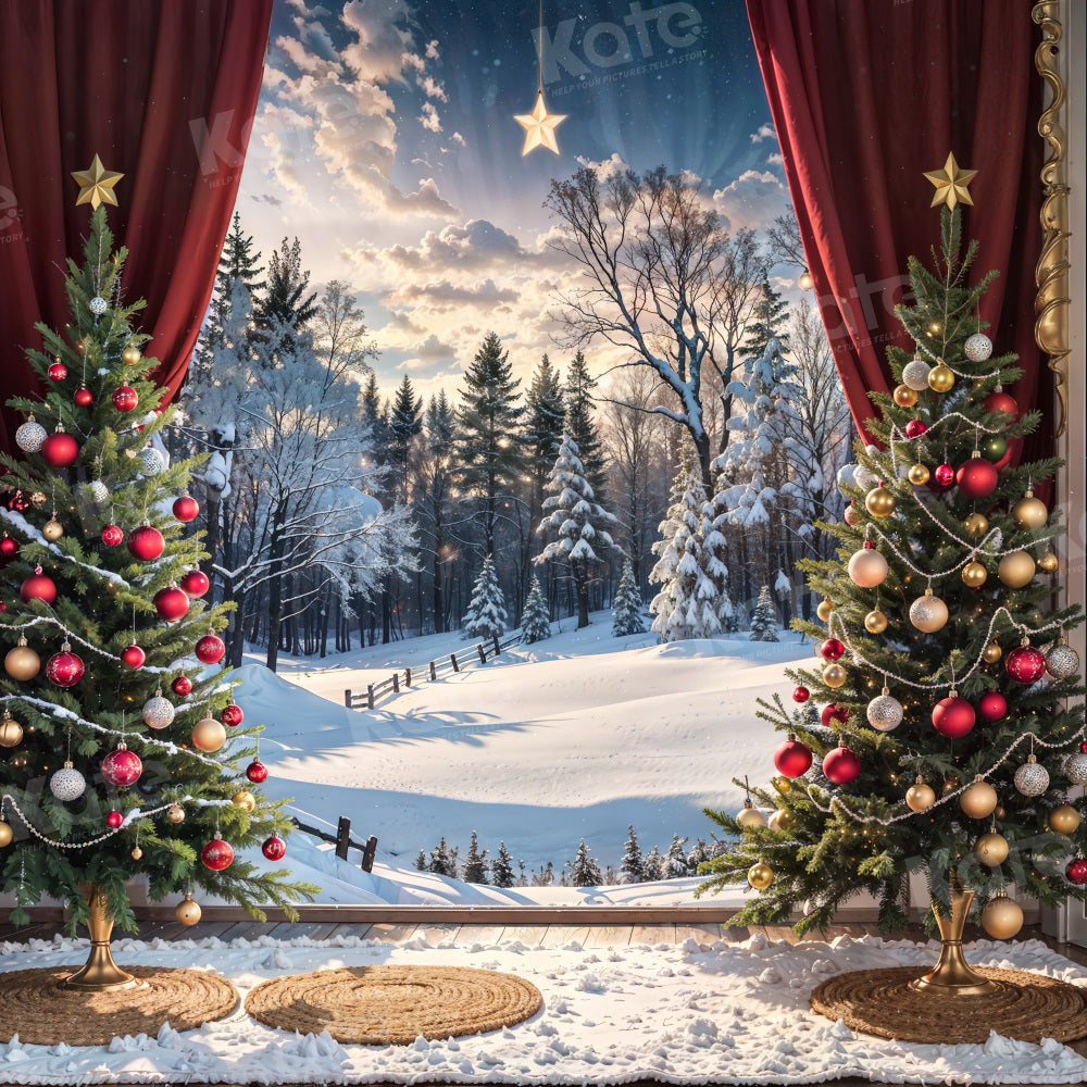 Kate Christmas Tree Snow Field Red Sunshine Sky Backdrop for Photography - Kate Backdrop AU