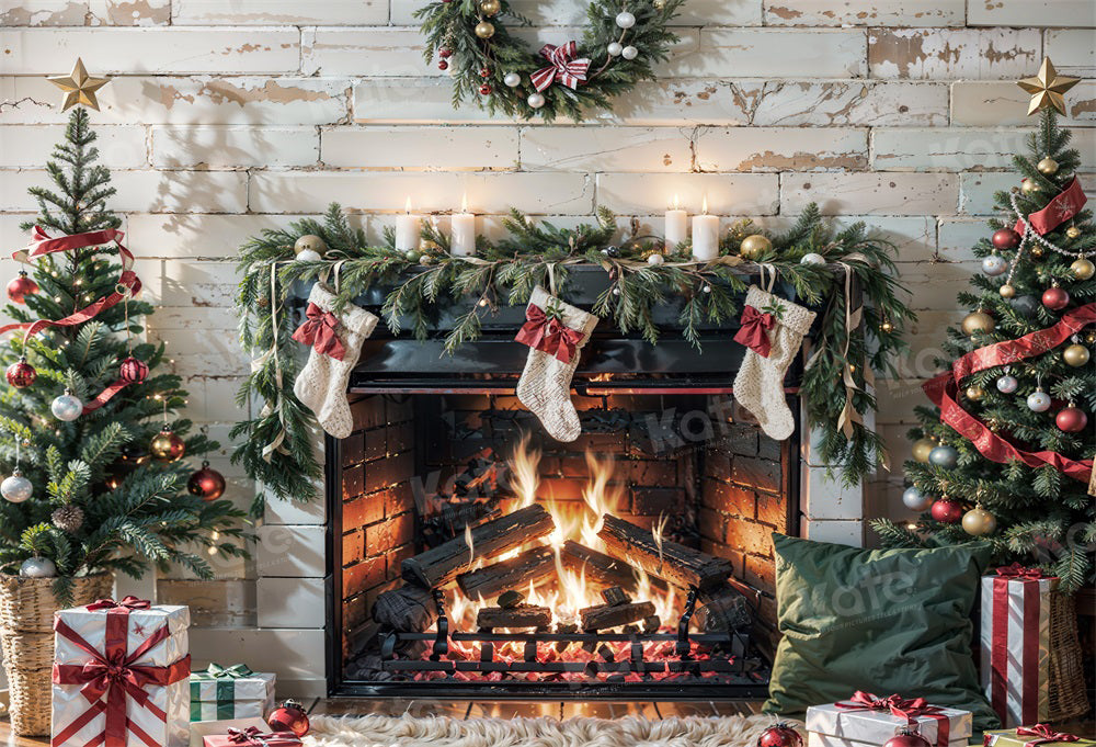 Kate Christmas Burning Fireplace White Wall Backdrop for Photography