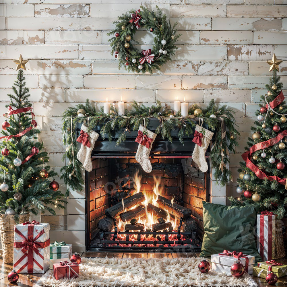 Kate Christmas Burning Fireplace White Wall Backdrop for Photography - Kate Backdrop AU