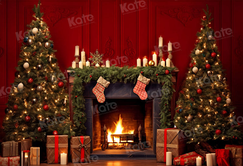 Kate Red Christmas Tree Fireplace Backdrop for Photography - Kate Backdrop AU