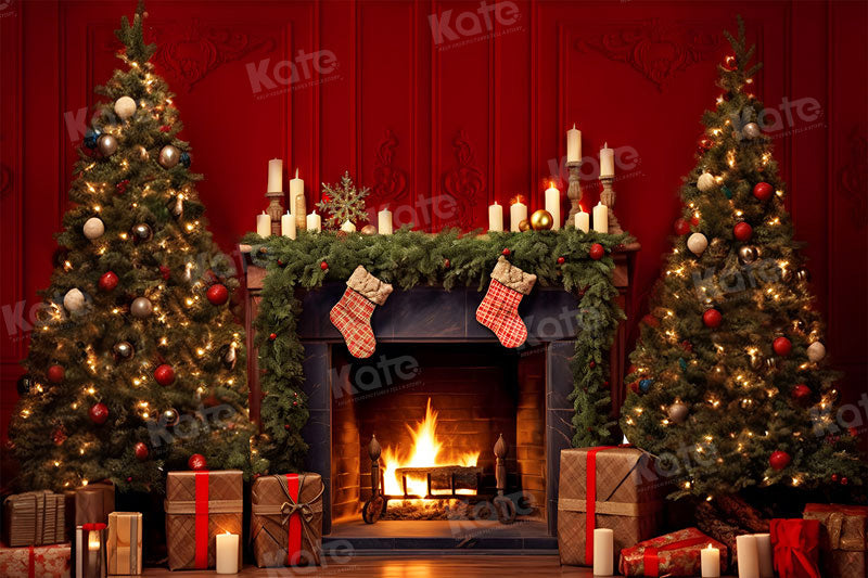 Kate Red Christmas Tree Fireplace Backdrop for Photography - Kate Backdrop AU