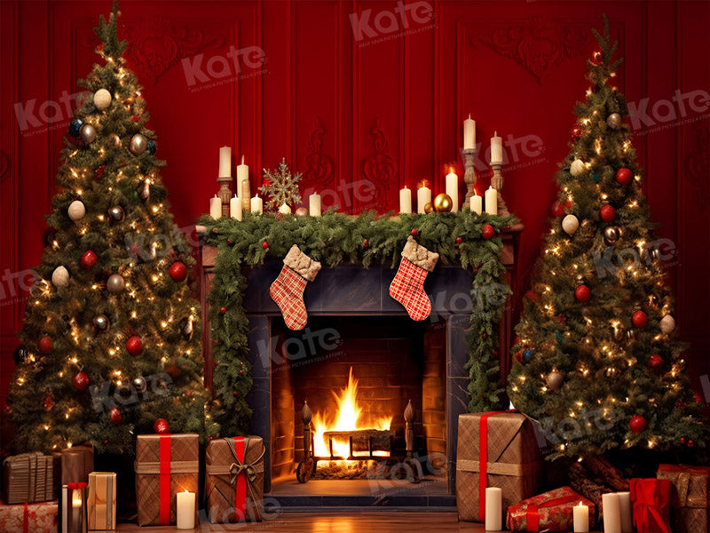 Kate Red Christmas Tree Fireplace Backdrop for Photography - Kate Backdrop AU