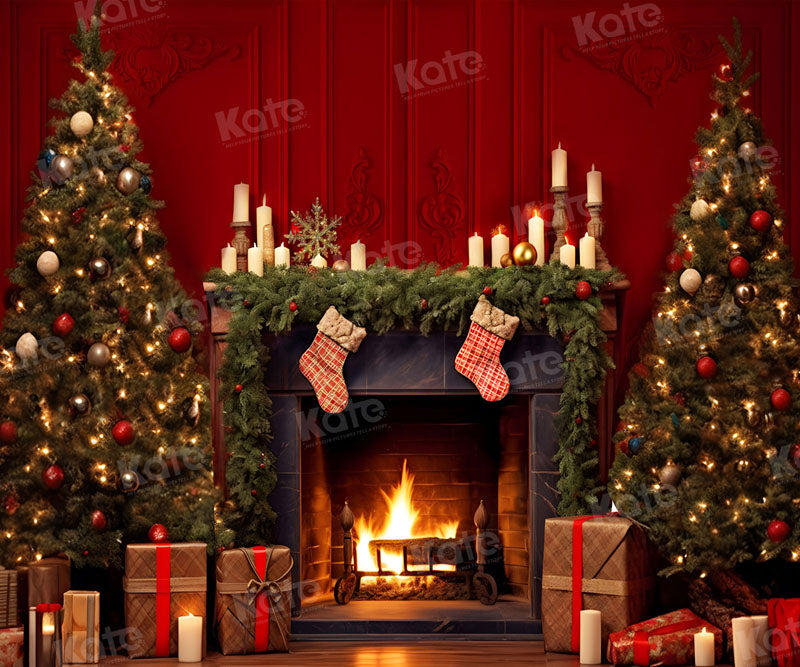 Kate Red Christmas Tree Fireplace Backdrop for Photography - Kate Backdrop AU
