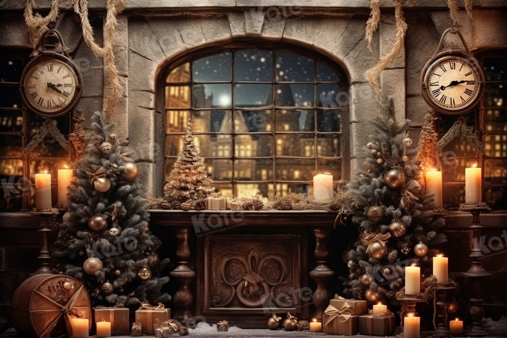 Kate Winter Christmas Tree Window Backdrop Wall Clock for Photography - Kate Backdrop AU