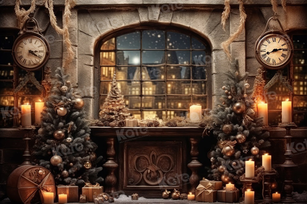 Kate Winter Christmas Tree Window Backdrop Wall Clock for Photography - Kate Backdrop AU