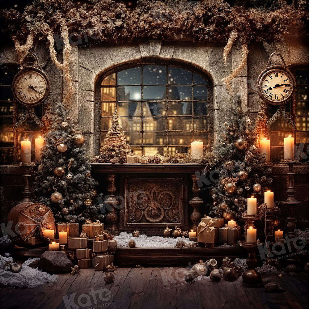 Kate Winter Christmas Tree Window Backdrop Wall Clock for Photography - Kate Backdrop AU