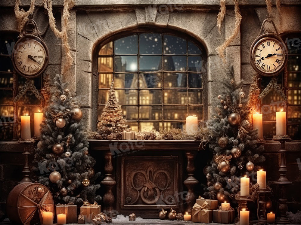 Kate Winter Christmas Tree Window Backdrop Wall Clock for Photography - Kate Backdrop AU