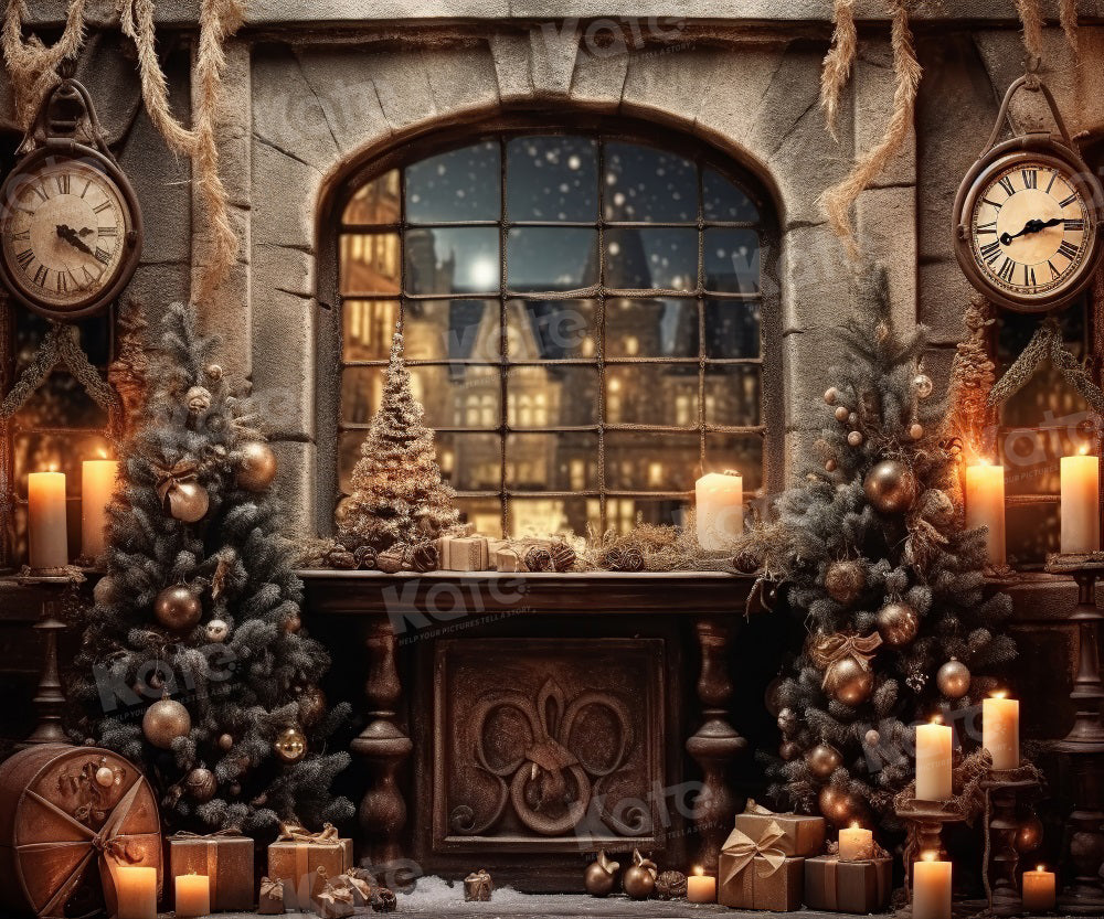 Kate Winter Christmas Tree Window Backdrop Wall Clock for Photography - Kate Backdrop AU