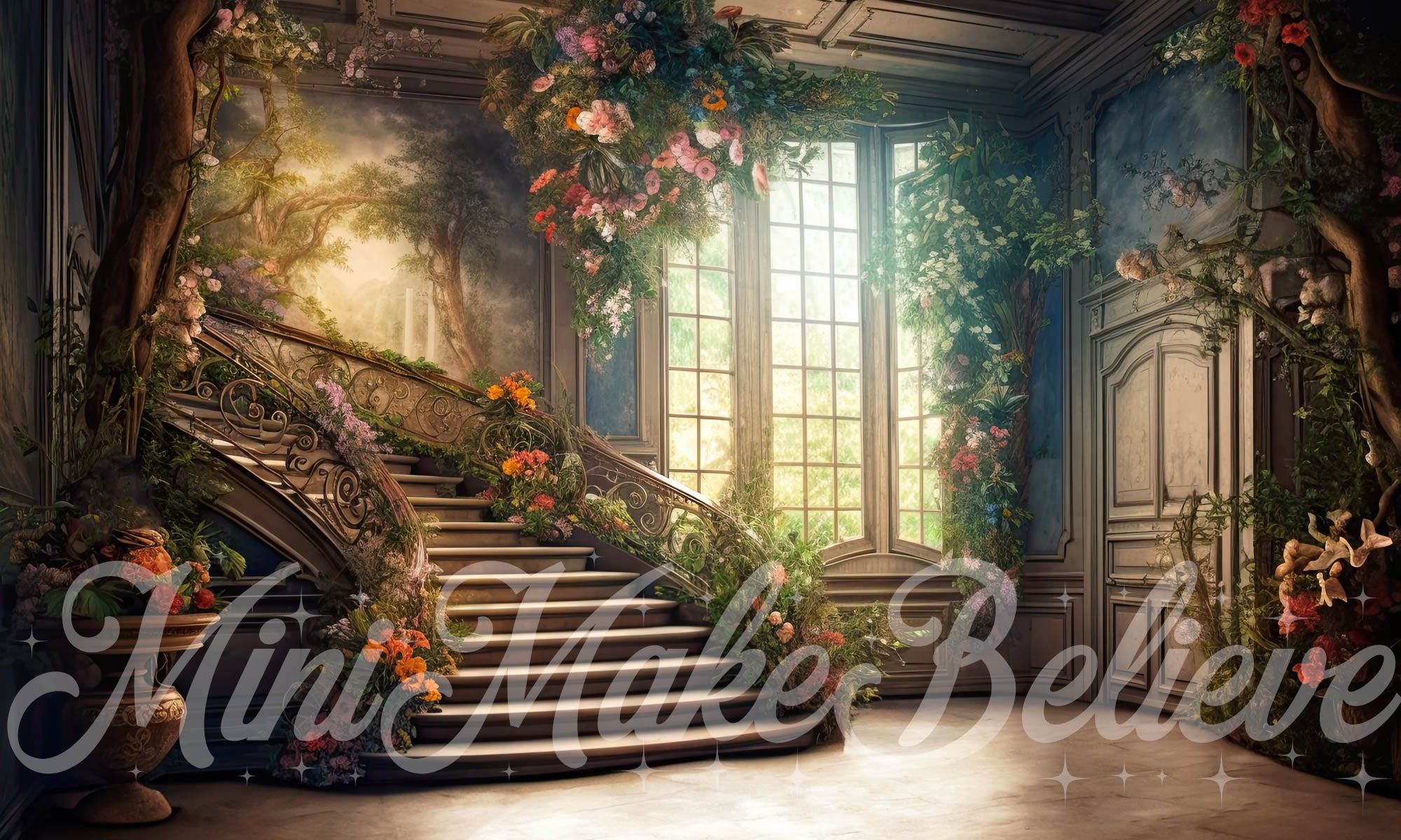 Kate Painterly Valentine Spring Backdrop Soft Painterly Mansion Stairs Designed by Mini MakeBelieve - Kate Backdrop AU