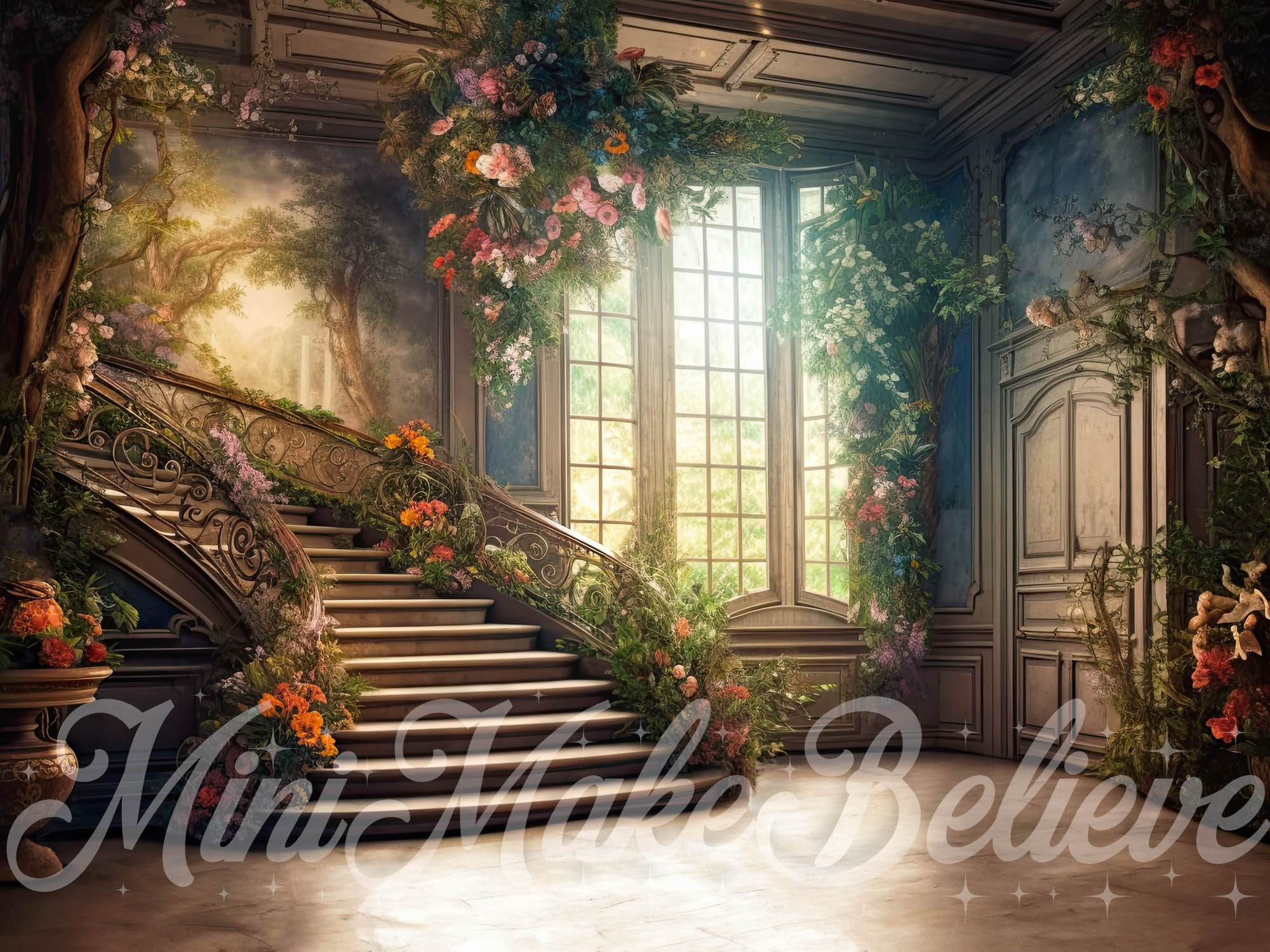 Kate Painterly Valentine Spring Backdrop Soft Painterly Mansion Stairs Designed by Mini MakeBelieve - Kate Backdrop AU