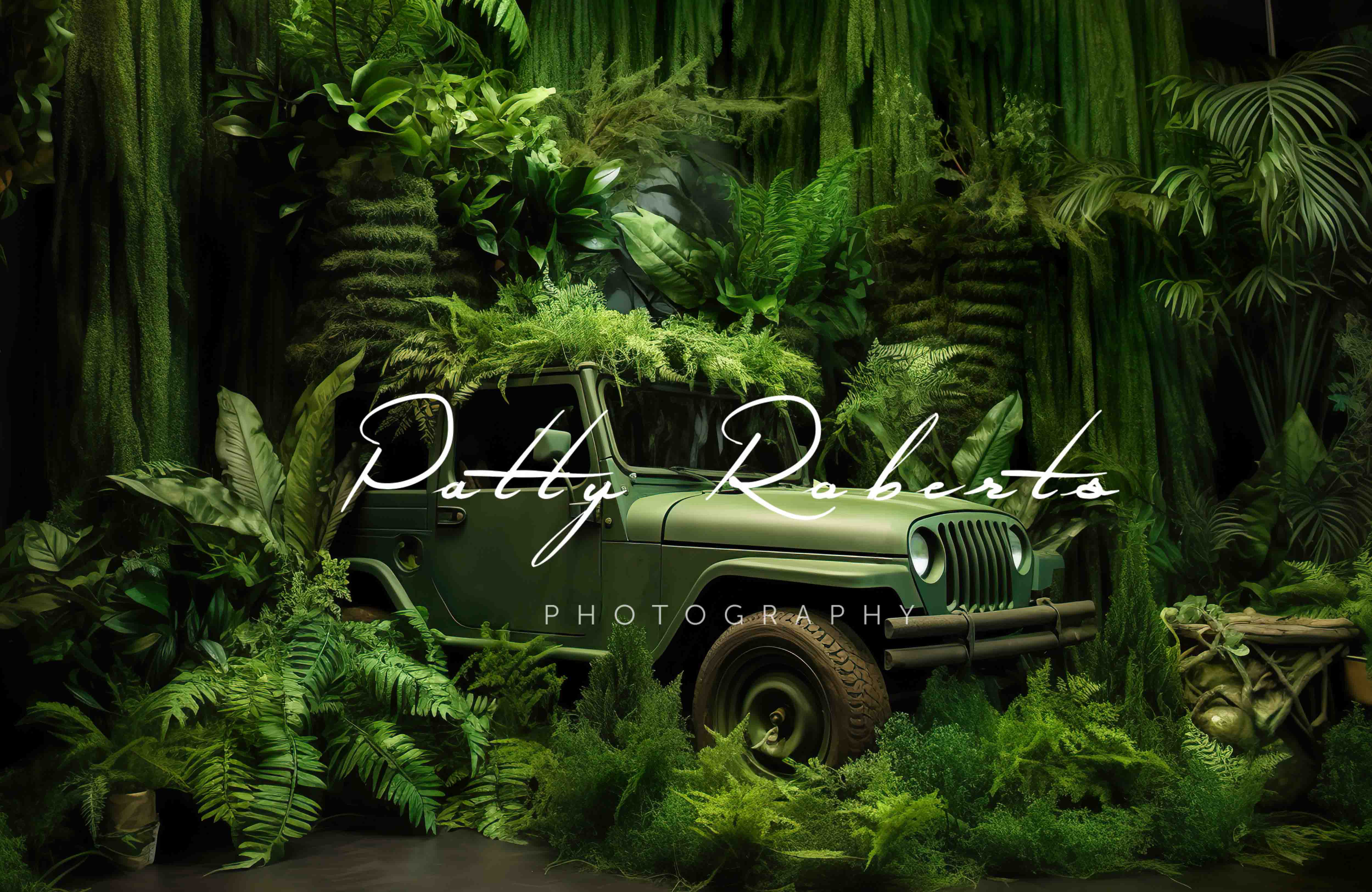 Kate Green Jeep in Jungle Backdrop Designed by Patty Roberts
