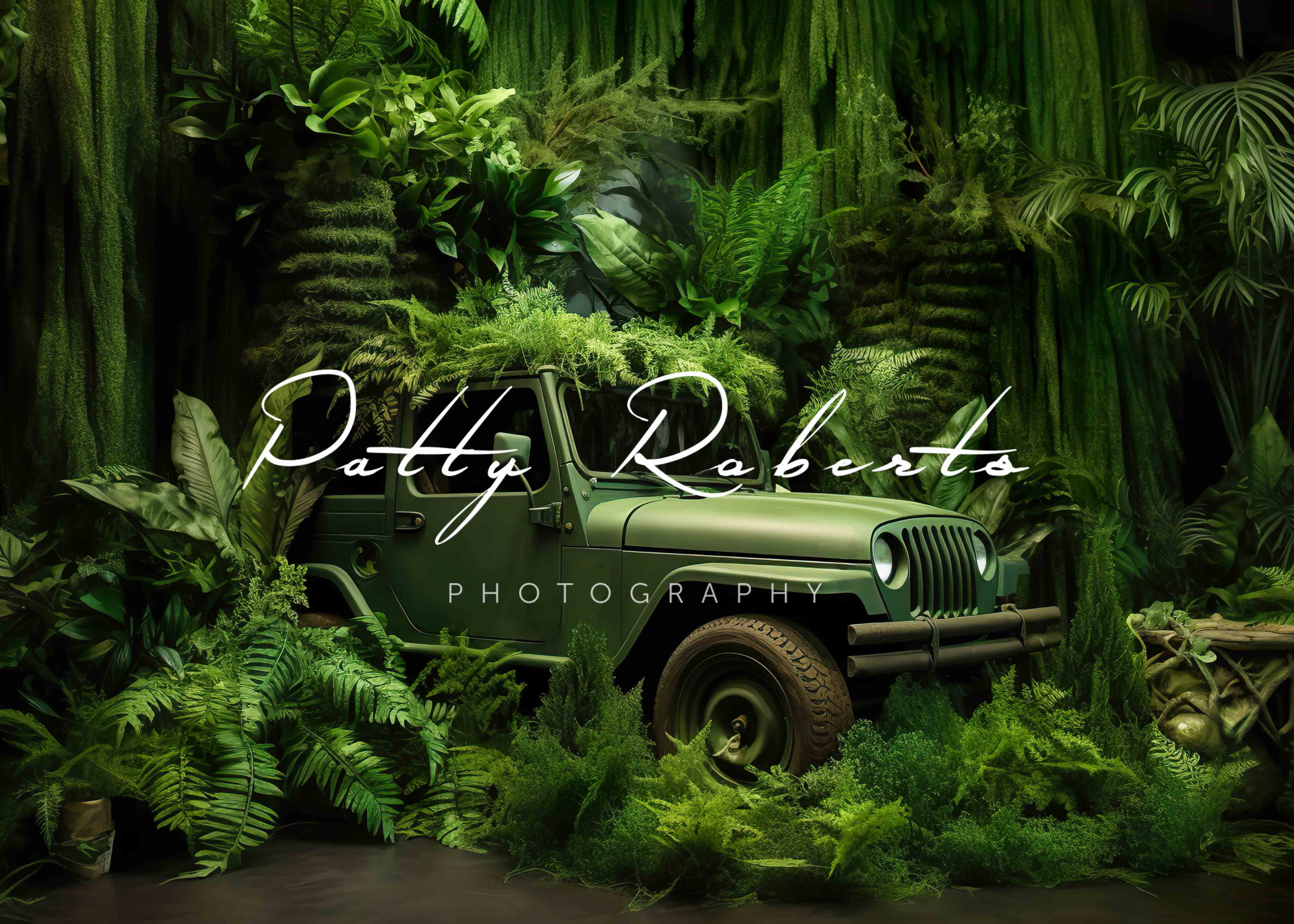 Kate Green Jeep in Jungle Backdrop Designed by Patty Roberts