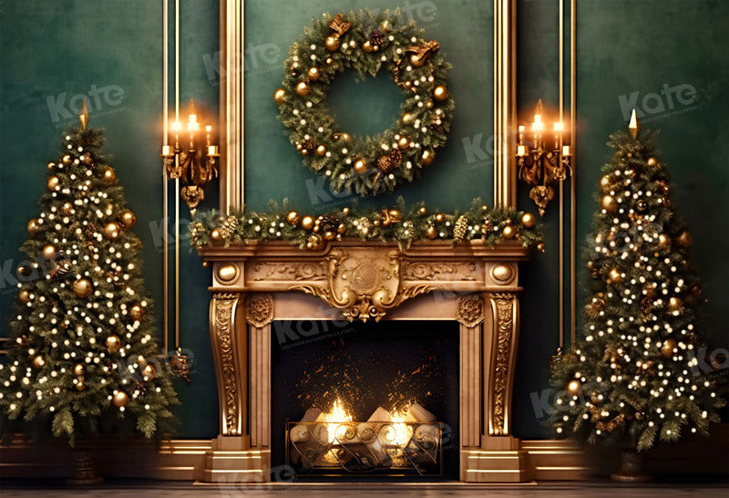 Kate Christmas Green Wall Golden Fireplace Fleece Backdrop for Photography