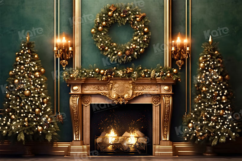 Kate Christmas Green Wall Golden Fireplace Backdrop for Photography - Kate Backdrop AU