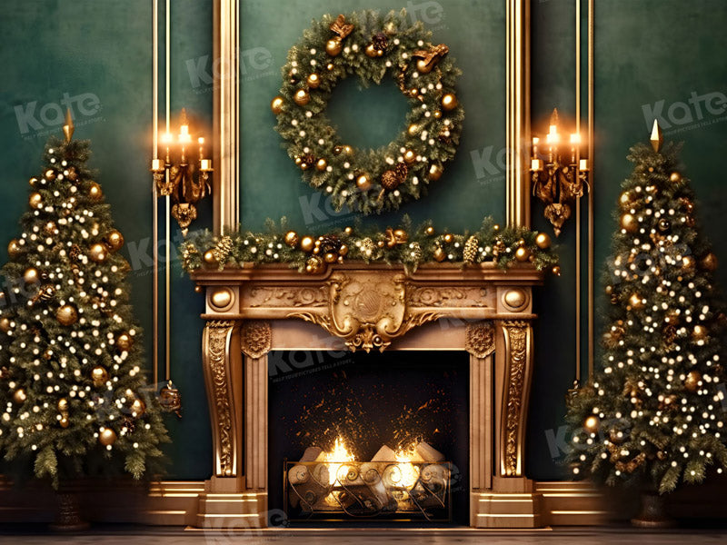 Kate Christmas Green Wall Golden Fireplace Fleece Backdrop for Photography