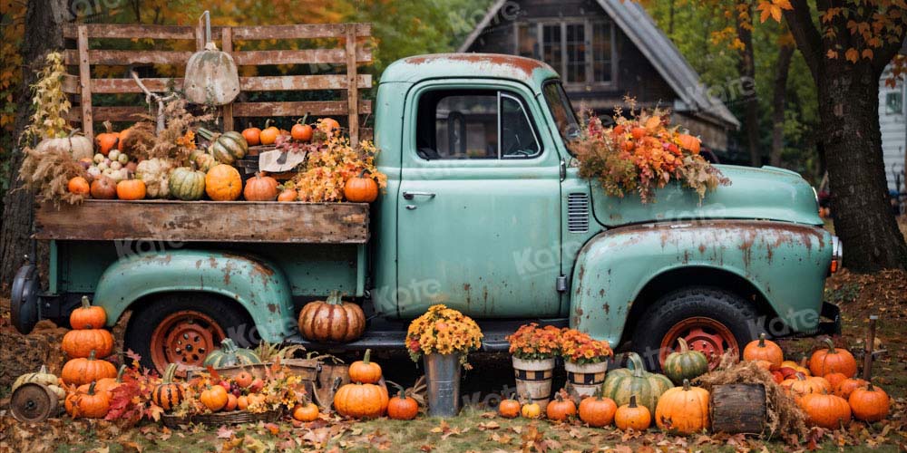 Kate Autumn Truck Backdrop Golden Leaves Old House Designed by Chain Photography - Kate Backdrop AU