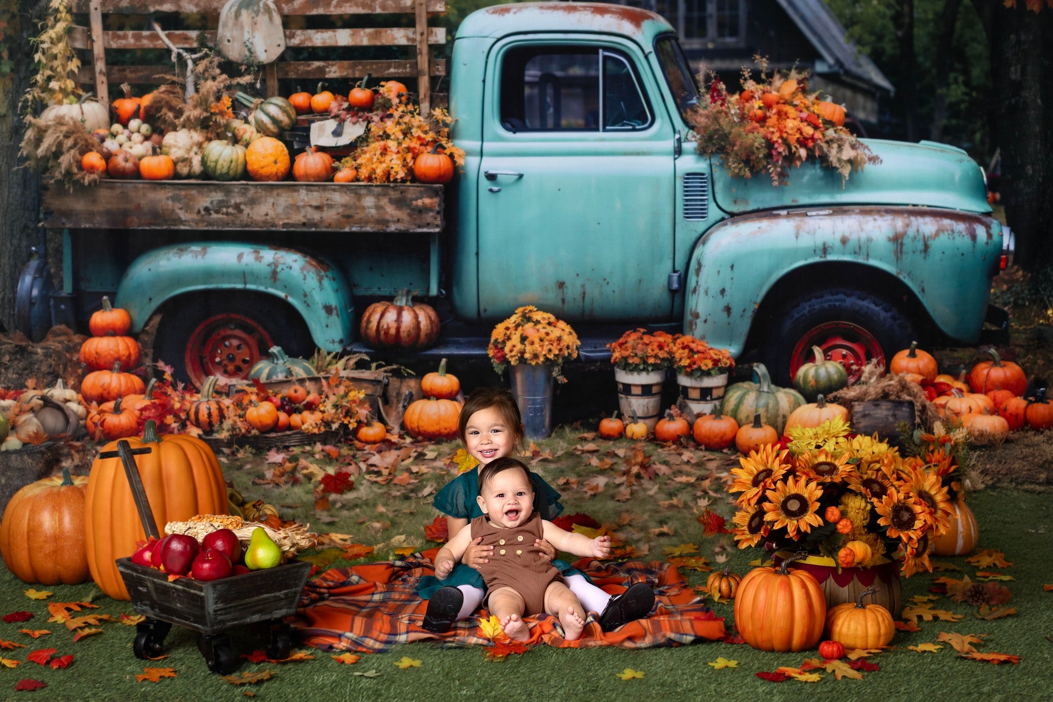 Kate Autumn Truck Backdrop Golden Leaves Old House Designed by Chain Photography