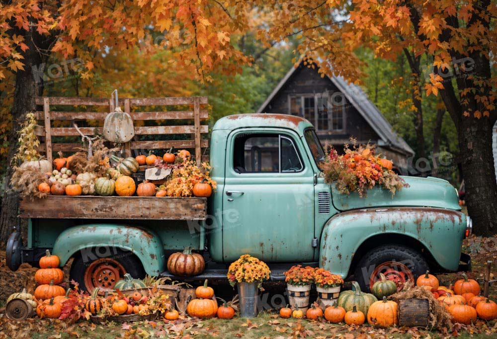 Kate Autumn Truck Backdrop Golden Leaves Old House Designed by Chain Photography