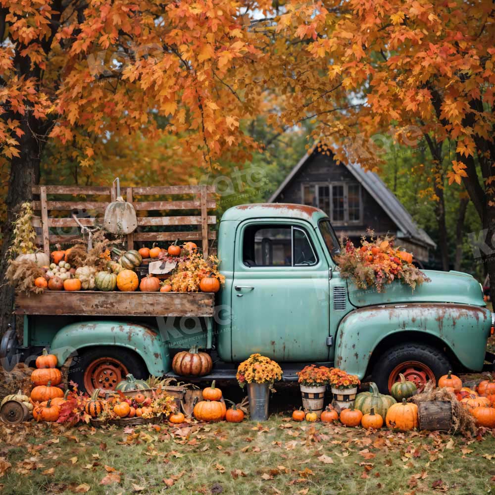 Kate Autumn Truck Backdrop Golden Leaves Old House Designed by Chain Photography - Kate Backdrop AU