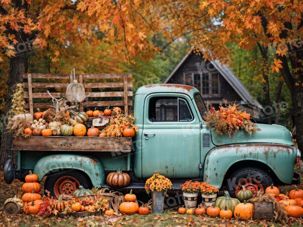 Kate Autumn Truck Backdrop Golden Leaves Old House Designed by Chain Photography - Kate Backdrop AU