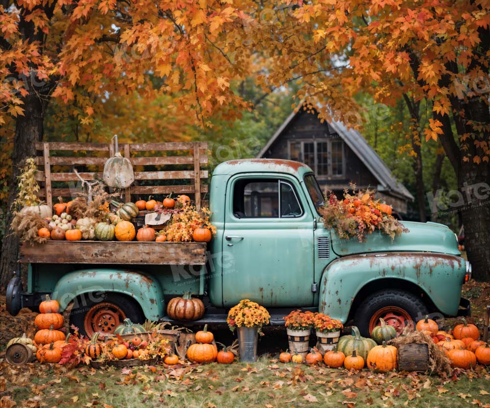 Kate Autumn Truck Backdrop Golden Leaves Old House Designed by Chain Photography - Kate Backdrop AU