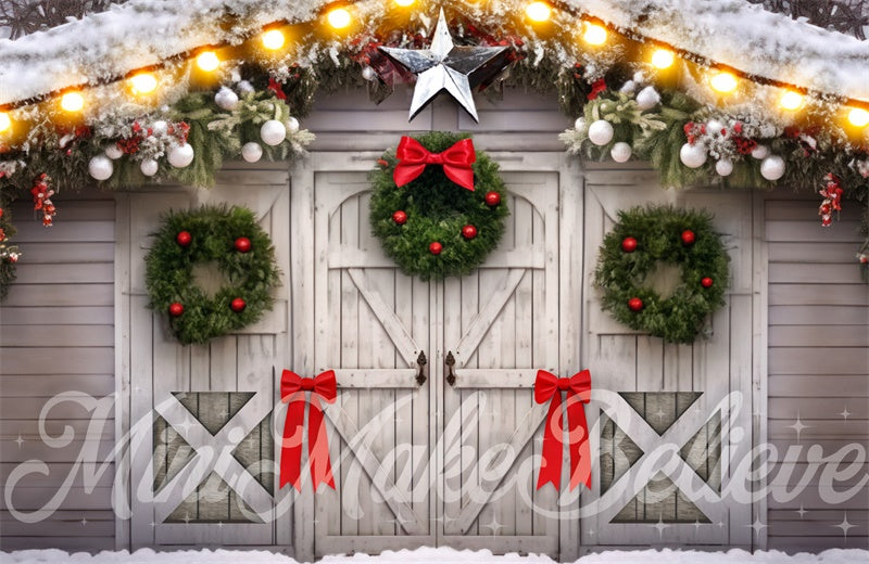 Kate White Barn Wreaths and Bows Backdrop Designed by Mini MakeBelieve - Kate Backdrop AU