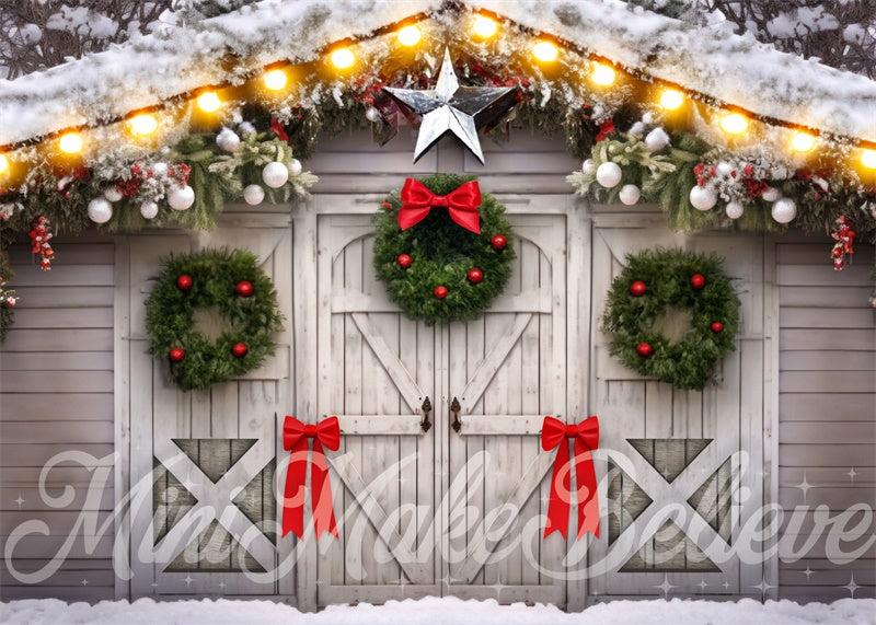 Kate White Barn Wreaths and Bows Backdrop Designed by Mini MakeBelieve - Kate Backdrop AU